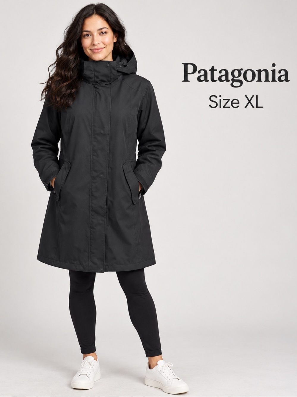 Patagonia Women’s XL Black Hooded Long Rain Coat Jacket